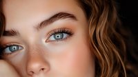 Close up portrait of young woman with bright blue eyes, natural freckles, and wavy brown hair against dark background, showcasing natural beauty makeup look.