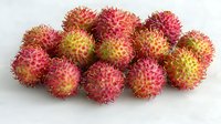 Fresh ripe rambutan fruits with bright pink spiky skin and yellow tips arranged in group on white background, exotic tropical produce for food design.
