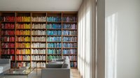 Floor-to-ceiling wooden bookshelf filled with rainbow-colored books in a bright modern living room with gray sofa and sheer curtains.