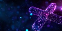 Glowing purple chromosome structure with DNA helix pattern floating in dark space with bokeh lights and particles, scientific genetic research concept.