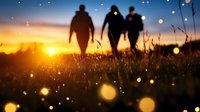 Silhouettes of three people walking in meadow at sunset with magical bokeh lights and wildflowers in foreground creating dreamy summer atmosphere.