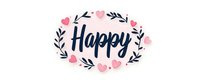 Decorative word Happy with pink hearts and navy blue floral wreath elements on white background, isolated lettering design for greeting cards and celebrations.