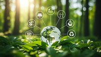 Green earth globe with environmental icons floating above forest plants showcasing sustainability and eco-friendly conservation concepts.