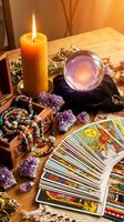 Mystical fortune telling setup with tarot cards, crystal ball, burning candle, amethyst crystals and gemstone jewelry on wooden table for spiritual guidance.