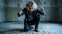 Young blonde woman in dark clothing crouching dramatically with paper fragments falling around her in abandoned industrial interior space.