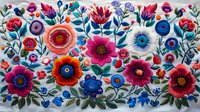 Vibrant folk art floral pattern with pink, red, and blue wildflowers on light background, featuring decorative blooms and botanical elements in traditional style.