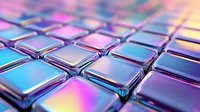 Metallic cubes with holographic iridescent surface reflecting rainbow colors in diagonal pattern, modern technology background for digital design.