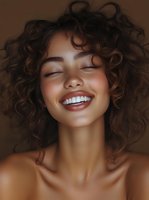 Young woman with curly brunette hair, closed eyes, and radiant smile displaying natural beauty and joy against warm brown background for skincare and cosmetics.