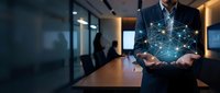 Professional businessman holding glowing digital network connections in modern office boardroom for technology and business innovation concepts.