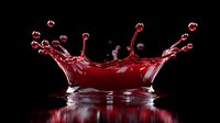 Red liquid crown splash with droplets on dark background, high-speed photography capturing dynamic fluid motion and symmetrical impact pattern with mirror reflection.