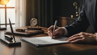 Professional businessman writing documents at wooden desk in warm office setting with laptop and clock for corporate business planning.