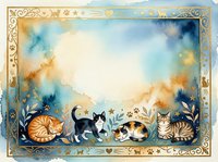 Watercolor cats border frame with ornate golden decorative elements and soft blue orange sky background for greeting cards and invitations.