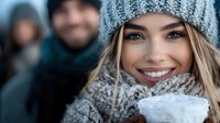 Young woman wearing winter knit hat and scarf smiling outdoors on snowy day, close up portrait with blurred people in background. Natural joyful expression.