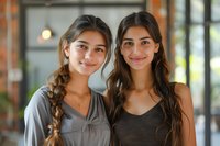 Two young Middle Eastern women smiling at camera in casual attire, perfect for lifestyle, friendship, diversity and youth marketing campaigns. Natural indoor lighting creates warm atmosphere.