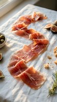 Thin slices of cured prosciutto arranged on linen cloth with fresh figs, olives, and bread crumbs in soft natural light.