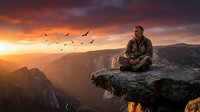 Contemplative male hiker sitting on mountain cliff edge at golden sunset with flying birds and valley landscape below, adventure and solitude concept.