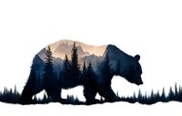 Double exposure silhouette of wild bear with mountain forest landscape inside, pine trees and peaks at sunset, artistic nature composition on white background.