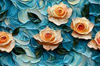 Peach roses bloom against swirling turquoise waves of textured paint, creating dramatic contrast and depth in artistic floral composition. Decorative wall art design.