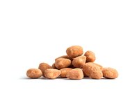 Fresh roasted peanuts in shells scattered and stacked on white background, isolated food photography for packaging design and marketing materials.