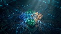 Colorful digital currency symbols floating above circuit board pathways with glowing data streams, representing blockchain technology, cryptocurrency trading, and financial innovation in digital markets.