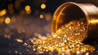 Spilled golden glitter from metallic container on dark background with bokeh lights, creating luxurious festive atmosphere for celebration designs.