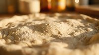 Flour dusted on wooden surface with warm golden lighting, suitable for baking, cooking, and culinary content.