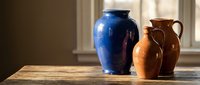 Blue ceramic vase and brown pottery jug on wooden table in sunlit room with warm natural lighting for home decor and interior design concepts.