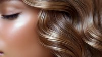 Close up of wavy blonde highlighted hair and flawless skin showing professional beauty salon styling and makeup artistry for cosmetic and haircare advertising.