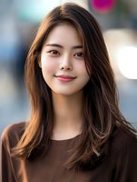 Young Asian woman with natural makeup and long dark hair smiling at camera, wearing brown top against blurred urban background. Professional headshot style portrait.