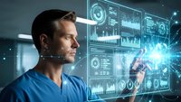 Male doctor in blue scrubs interacting with futuristic holographic medical interface displaying patient data and digital healthcare technology.