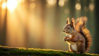 Red squirrel sitting on mossy log in golden sunlight forest with warm bokeh background eating nut wildlife nature scene.
