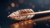 Metallic rose gold feather floating above dark surface with water drops and bokeh lights in background, luxury minimal jewelry concept photography.