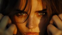 Young woman with intense green eyes and freckles in dramatic golden sunset lighting, close-up portrait showing natural beauty and emotional depth.