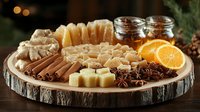 Aromatic spices and citrus fruits arranged on rustic wooden slice board with cinnamon sticks, star anise, ginger root, orange slices and honey jars in warm lighting.