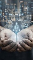 Cupped hands holding glowing digital human hologram with circuit board background representing healthcare technology, medical innovation and futuristic medicine.