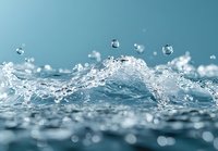 Crystal clear water splash with droplets suspended in air against turquoise background, capturing dynamic liquid motion for wellness and hydration concepts.