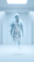 Ethereal male figure dissolving into smoke and mist within minimalist white interior space, conveying concepts of transformation, disappearance, and digital abstraction for creative projects.