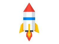 Colorful cartoon rocket ship with red nose cone and yellow flames launching upward on white background for startup business concepts and space exploration.