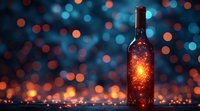 Wine bottle with glowing magical light inside against blurred bokeh background in blue and orange tones, creating mystical atmospheric mood.