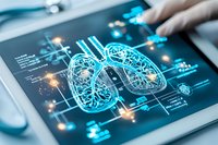 Digital medical interface showing anatomical lungs with glowing network connections and diagnostic data on tablet screen, modern healthcare technology concept.