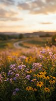 Purple wildflowers and yellow blooms in golden hour meadow with winding path through rolling hills under dramatic sunset sky for nature backgrounds.