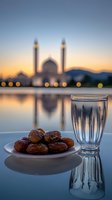 Dates and water glass with mosque silhouette at sunset, traditional iftar meal during Ramadan. Peaceful reflection on water surface creates spiritual atmosphere.