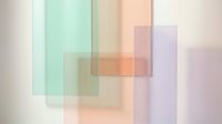 Overlapping translucent geometric shapes in soft pastel tones of mint, peach, lavender and cream create an abstract modern composition ideal for contemporary design projects.