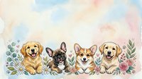 Adorable puppies golden retriever french bulldog corgi labrador sitting together with watercolor flowers on pastel background for pet lover designs.