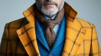 Close up portrait of mature man wearing mustard yellow plaid coat, blue sweater and brown patterned tie, fashion and style concept for autumn season.