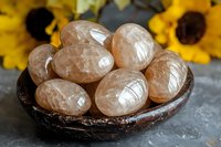 Pink Himalayan salt eggs in coconut shell bowl against grey stone background with yellow sunflowers, wellness and spa concept for natural healing.