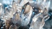 Clear quartz crystal cluster with sharp terminations and prismatic points in macro view against blurred blue background, mineral specimen photography.