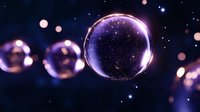 Magical glowing soap bubbles floating in dark space with sparkles and bokeh lights creating dreamy atmospheric effect. Perfect for fantasy backgrounds.
