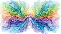 Abstract watercolor burst with flowing rainbow waves radiating from center in vibrant blues, greens, purples and warm tones for creative design projects.