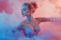Young woman in white dress surrounded by dreamy pink and blue smoke effects, eyes closed in serene pose, artistic fashion portrait with ethereal lighting.